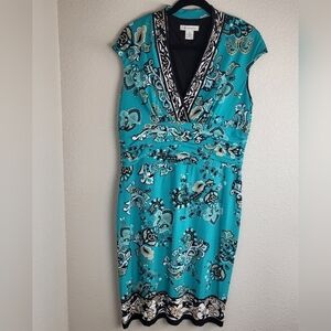 Liz Claiborne Turquoise Paisley V-Neck Dress with Layered Waist Women's Size 16